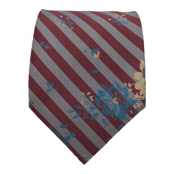 BRIONI Burgundy Striped With Flower Print Tie Silk Italy...